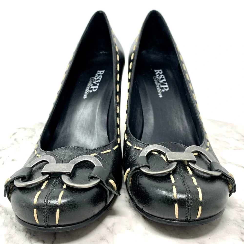 RSVP Collection Contrast Stitch Buckle hardware black leather pumps 9 classic - Picture 4 of 14
